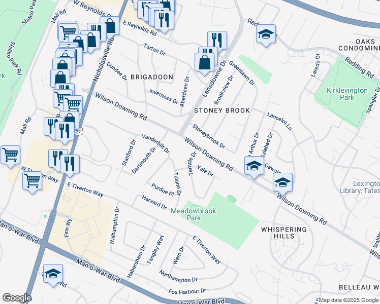 map of restaurants, bars, coffee shops, grocery stores, and more near 305 Wilson Downing Road in Lexington