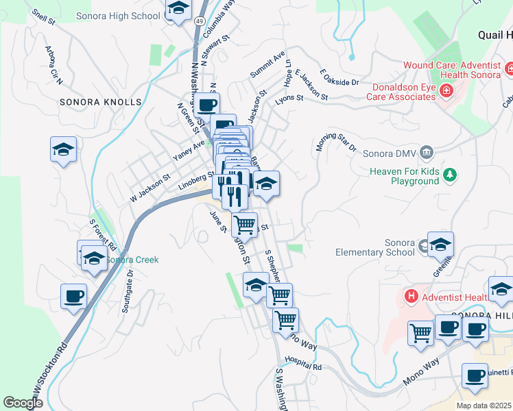 map of restaurants, bars, coffee shops, grocery stores, and more near 37 Theall Street in Sonora