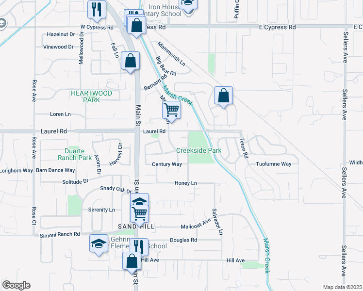 map of restaurants, bars, coffee shops, grocery stores, and more near 512 Hacienda Drive in Oakley