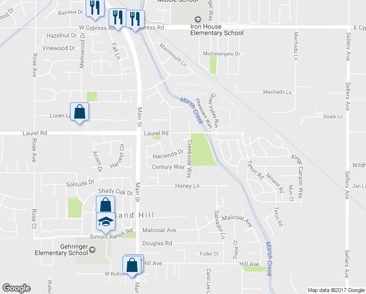 map of restaurants, bars, coffee shops, grocery stores, and more near 512 Hacienda Drive in Oakley