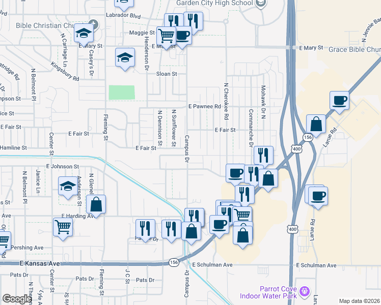 map of restaurants, bars, coffee shops, grocery stores, and more near 2007 Arapaho Drive North in Garden City