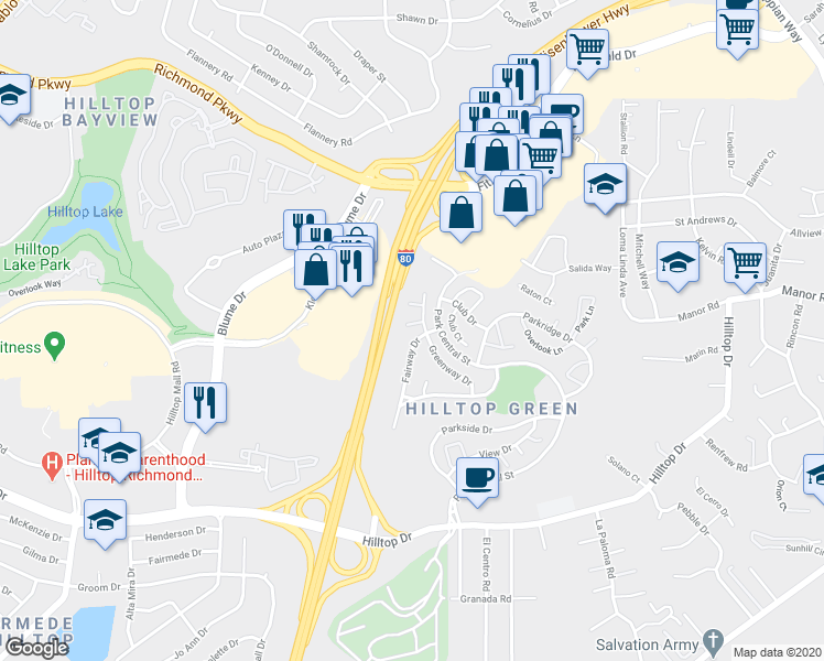 map of restaurants, bars, coffee shops, grocery stores, and more near 1305 Greenway Drive in El Sobrante