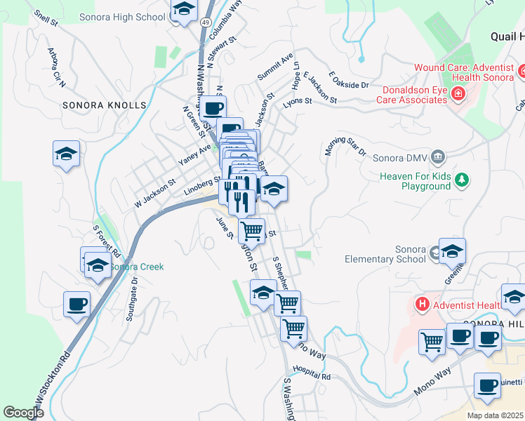 map of restaurants, bars, coffee shops, grocery stores, and more near 249 South Shepherd Street in Sonora