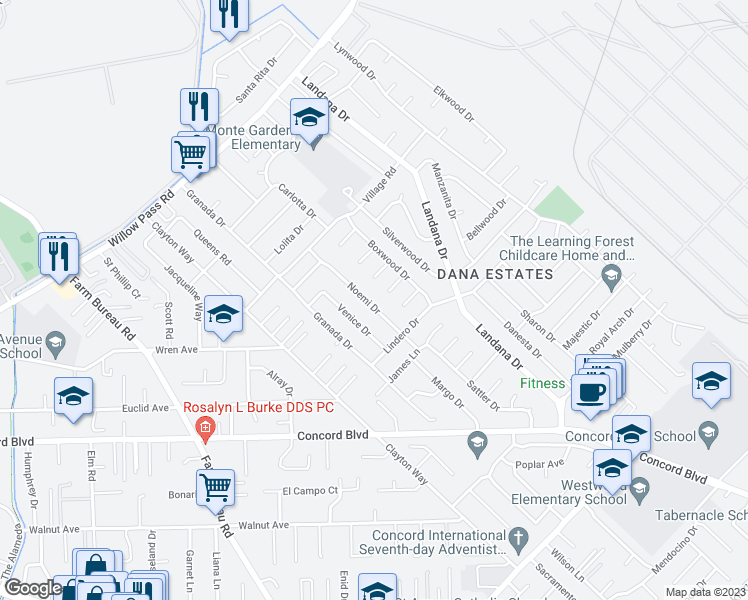 map of restaurants, bars, coffee shops, grocery stores, and more near 1820 Noemi Drive in Concord