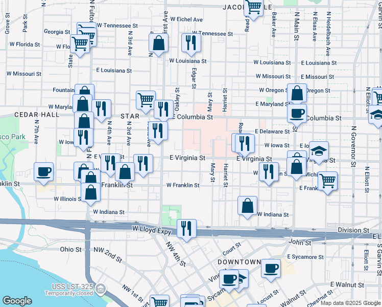 map of restaurants, bars, coffee shops, grocery stores, and more near 617 Oakley Street in Evansville