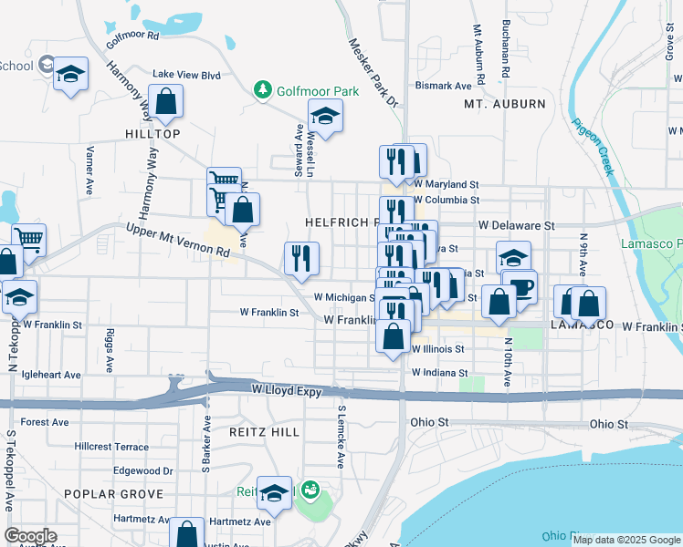 map of restaurants, bars, coffee shops, grocery stores, and more near 522 North Bell Avenue in Evansville