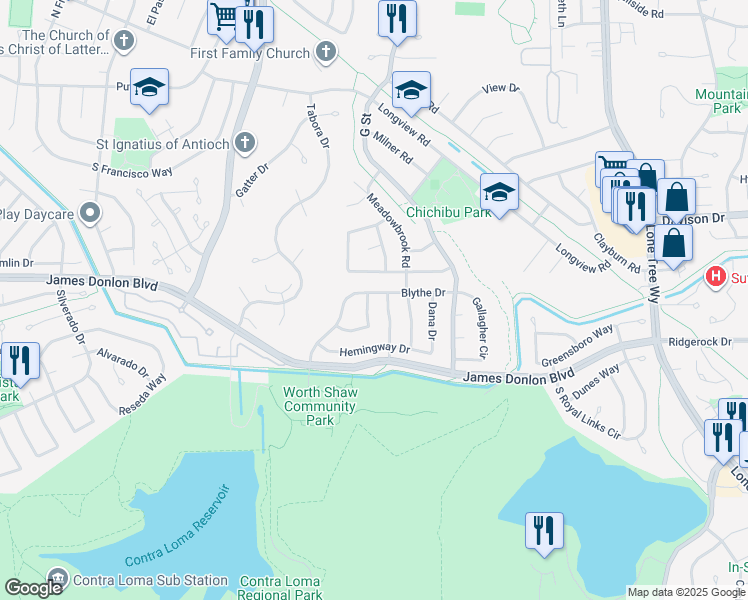 map of restaurants, bars, coffee shops, grocery stores, and more near 3323 Blythe Drive in Antioch