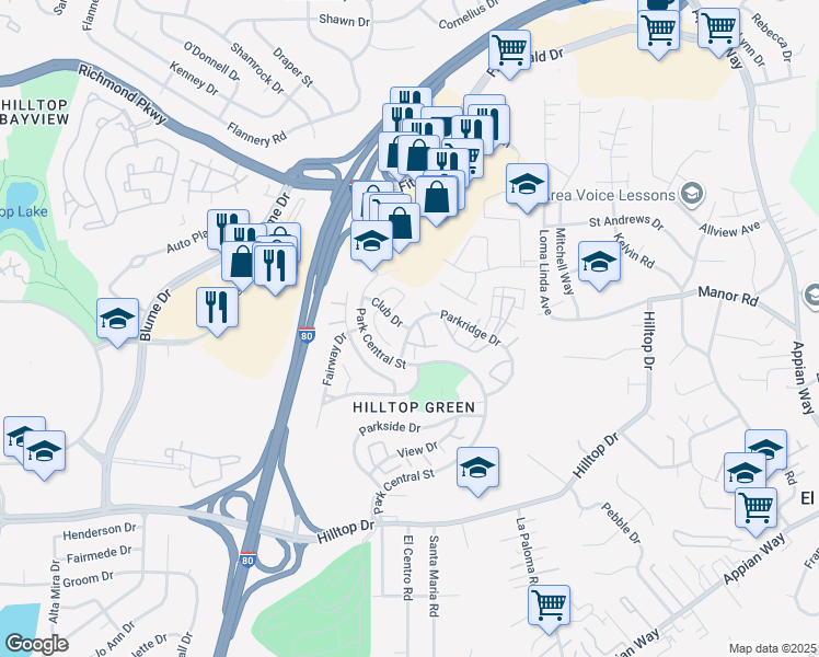 map of restaurants, bars, coffee shops, grocery stores, and more near Parkridge Drive & Club Drive in El Sobrante