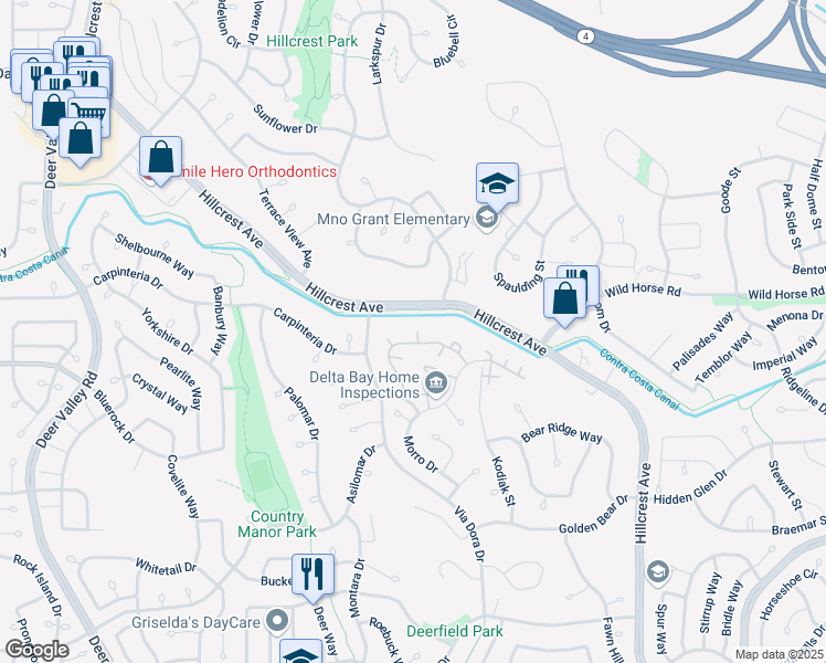 map of restaurants, bars, coffee shops, grocery stores, and more near 2838 Winding Lane in Antioch