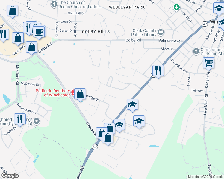 map of restaurants, bars, coffee shops, grocery stores, and more near 7 Bonnie Brook Lane in Winchester