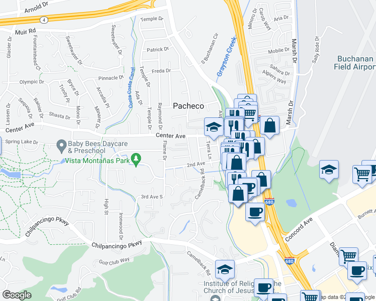 map of restaurants, bars, coffee shops, grocery stores, and more near 11 Arbor Springs Lane in Pacheco