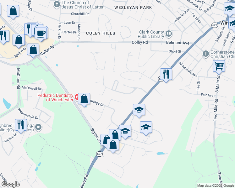 map of restaurants, bars, coffee shops, grocery stores, and more near 7 Bonnie Brook Lane in Winchester