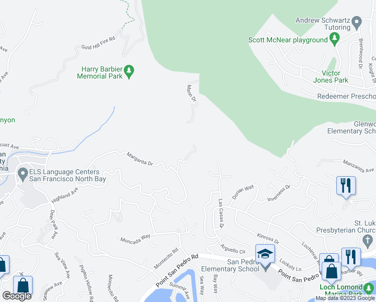 map of restaurants, bars, coffee shops, grocery stores, and more near 300 Margarita Drive in San Rafael