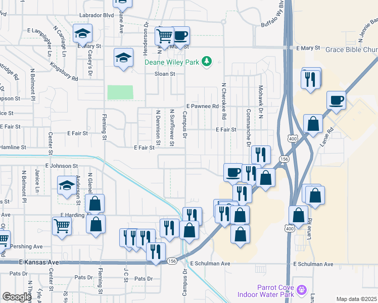 map of restaurants, bars, coffee shops, grocery stores, and more near 2007 Arapaho Drive North in Garden City
