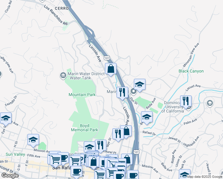 map of restaurants, bars, coffee shops, grocery stores, and more near 1563 Lincoln Avenue in San Rafael