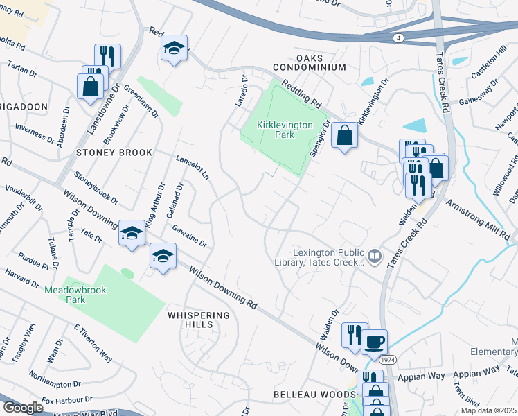 map of restaurants, bars, coffee shops, grocery stores, and more near 404 Downing Court in Lexington