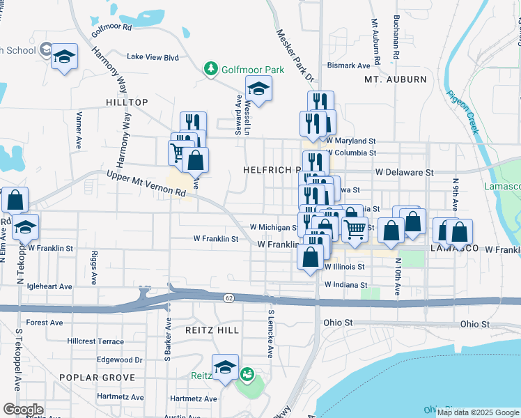 map of restaurants, bars, coffee shops, grocery stores, and more near 505 Wessel Lane in Evansville