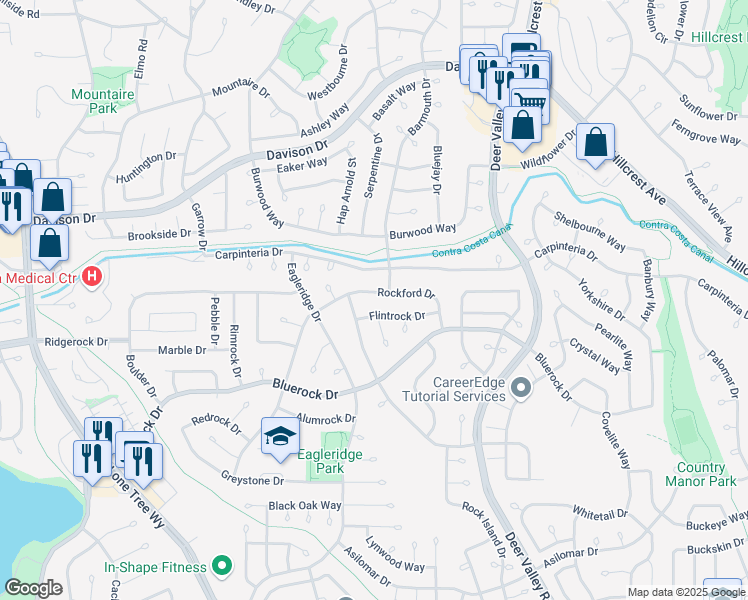 map of restaurants, bars, coffee shops, grocery stores, and more near 3909 Rockford Drive in Antioch