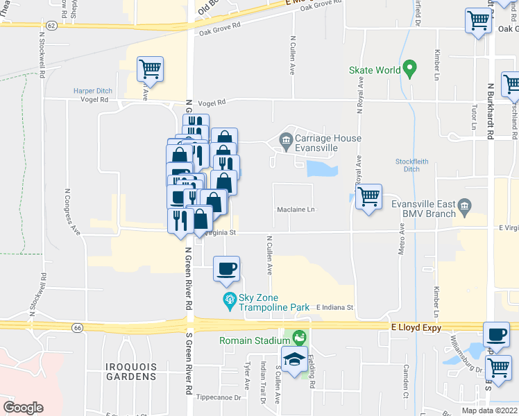 map of restaurants, bars, coffee shops, grocery stores, and more near 731 Normandy Drive in Evansville