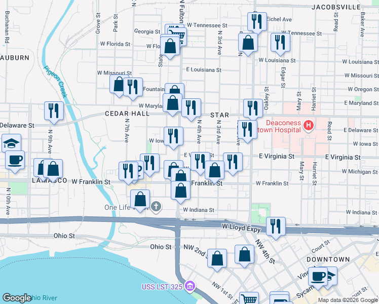 map of restaurants, bars, coffee shops, grocery stores, and more near 1120 West Iowa Street in Evansville