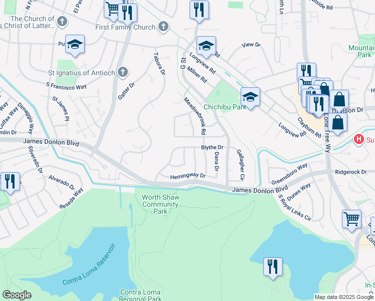 map of restaurants, bars, coffee shops, grocery stores, and more near 3323 Blythe Drive in Antioch