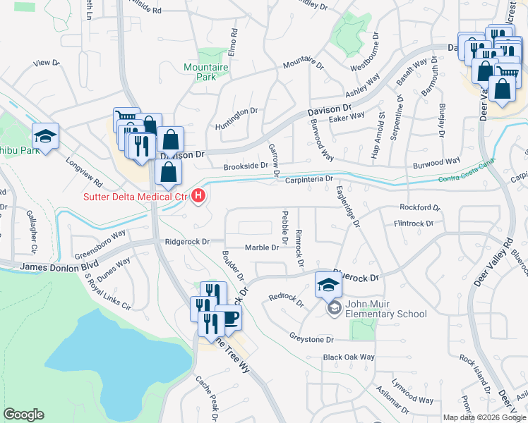 map of restaurants, bars, coffee shops, grocery stores, and more near 232 Boulder Drive in Antioch