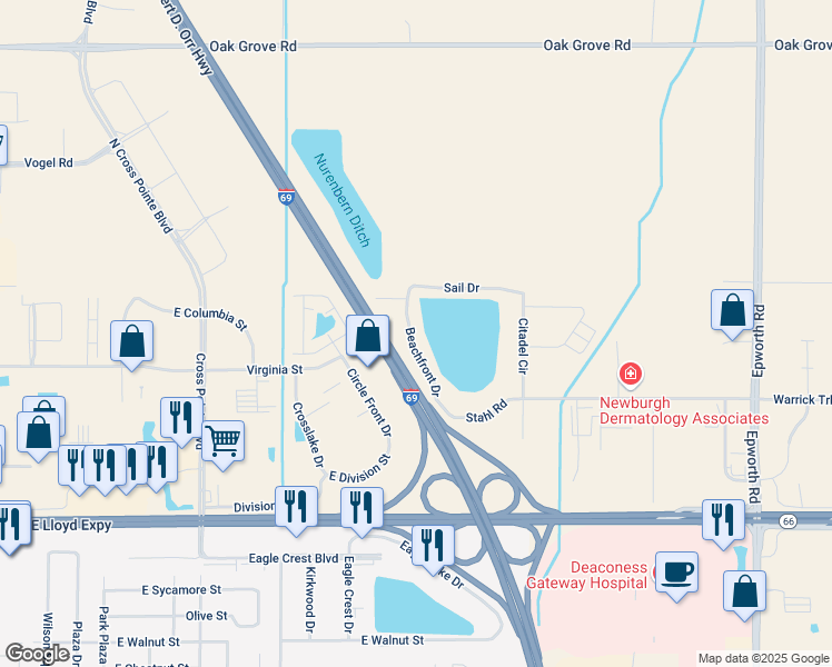 map of restaurants, bars, coffee shops, grocery stores, and more near 625 Beachfront Drive in Evansville