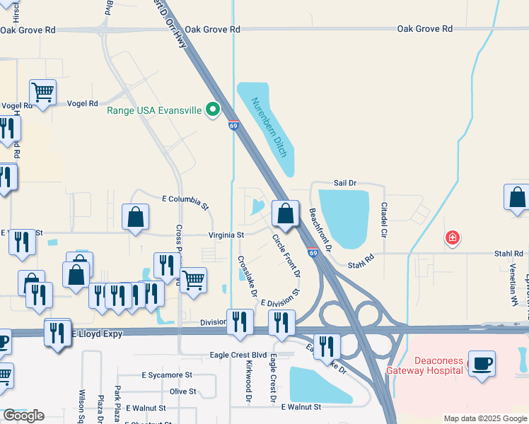 map of restaurants, bars, coffee shops, grocery stores, and more near 727 Mollbrooke Trail in Evansville