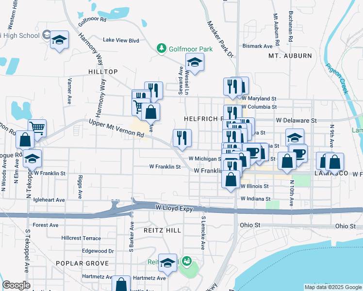 map of restaurants, bars, coffee shops, grocery stores, and more near 517 Helfrich Lane in Evansville