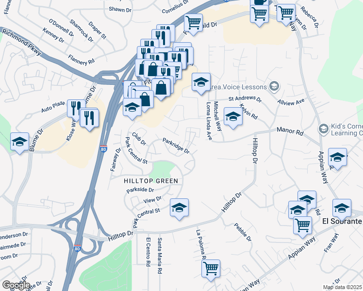 map of restaurants, bars, coffee shops, grocery stores, and more near 12 Park Court in Richmond