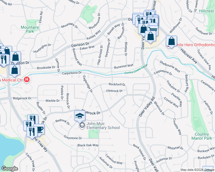 map of restaurants, bars, coffee shops, grocery stores, and more near 3909 Rockford Drive in Antioch