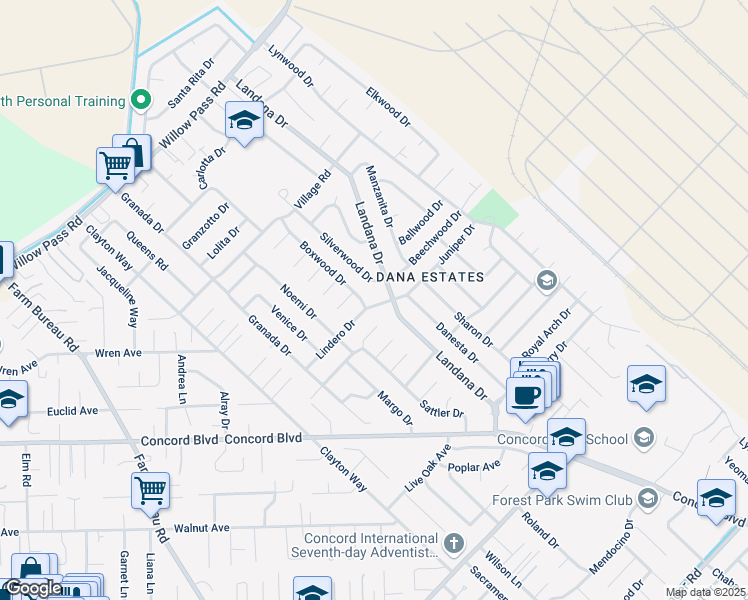 map of restaurants, bars, coffee shops, grocery stores, and more near 1813 Silverwood Drive in Concord