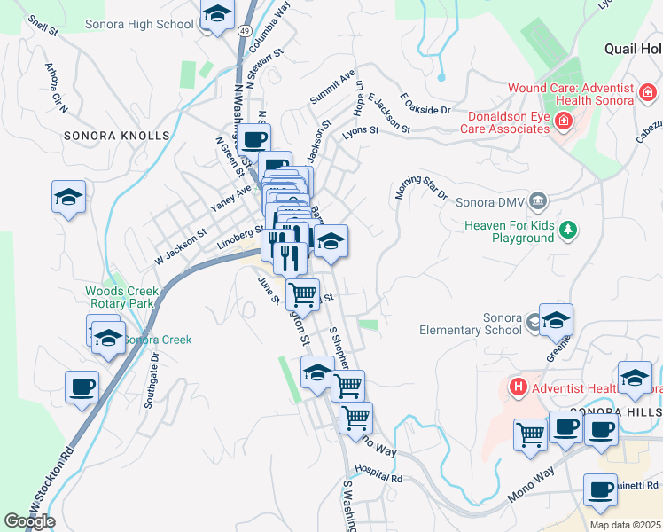 map of restaurants, bars, coffee shops, grocery stores, and more near 251 Barretta Street in Sonora