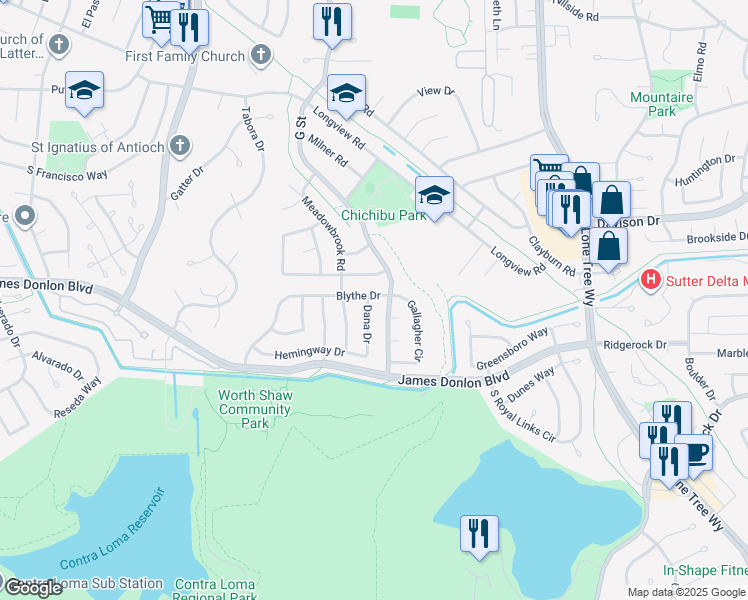 map of restaurants, bars, coffee shops, grocery stores, and more near 3501 Dana Drive in Antioch