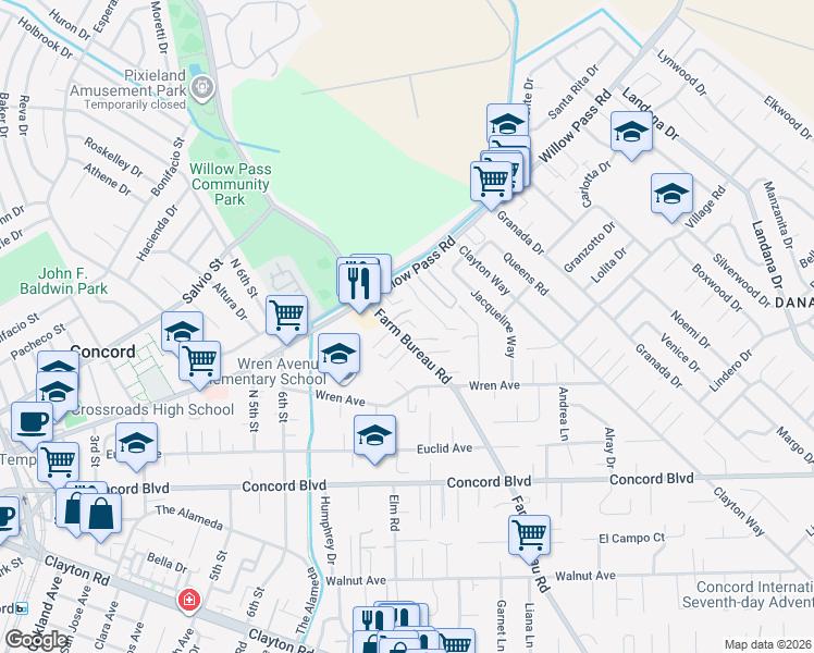 map of restaurants, bars, coffee shops, grocery stores, and more near 1890 Farm Bureau Road in Concord