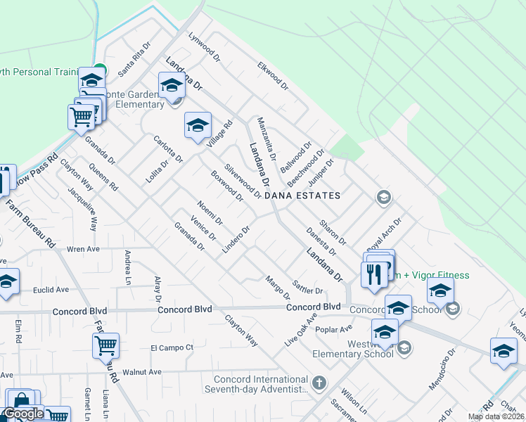 map of restaurants, bars, coffee shops, grocery stores, and more near 1813 Silverwood Drive in Concord