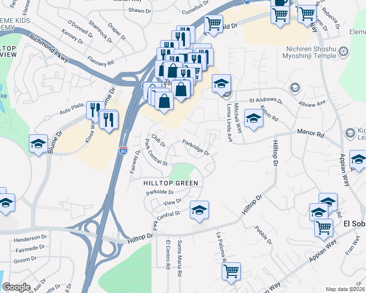 map of restaurants, bars, coffee shops, grocery stores, and more near 1332 Parkridge Drive in Richmond