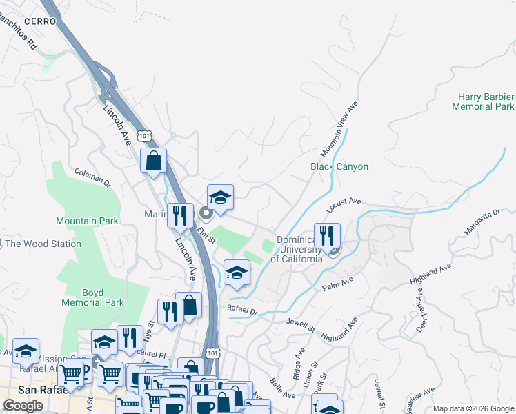map of restaurants, bars, coffee shops, grocery stores, and more near 213 Linden Lane in San Rafael