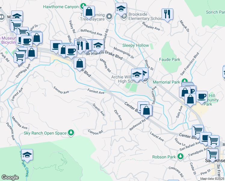 map of restaurants, bars, coffee shops, grocery stores, and more near 1527 San Anselmo Avenue in San Anselmo