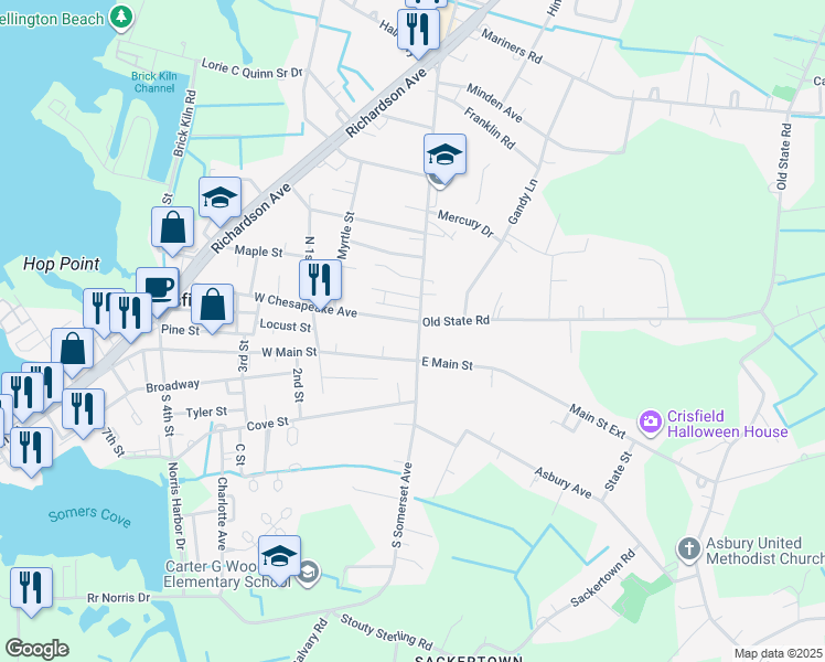 map of restaurants, bars, coffee shops, grocery stores, and more near 102 North Somerset Avenue in Crisfield