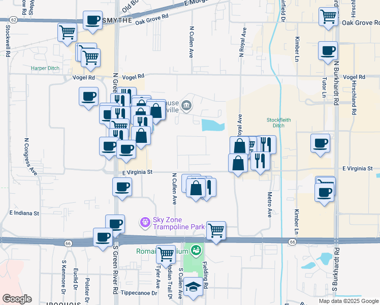 map of restaurants, bars, coffee shops, grocery stores, and more near 6212-6998 East Virginia Street in Evansville