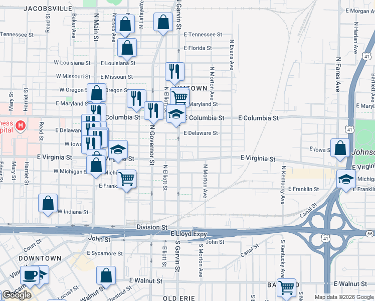 map of restaurants, bars, coffee shops, grocery stores, and more near 520 East Iowa Street in Evansville