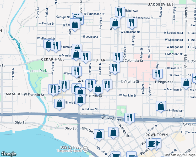 map of restaurants, bars, coffee shops, grocery stores, and more near 929 West Iowa Street in Evansville