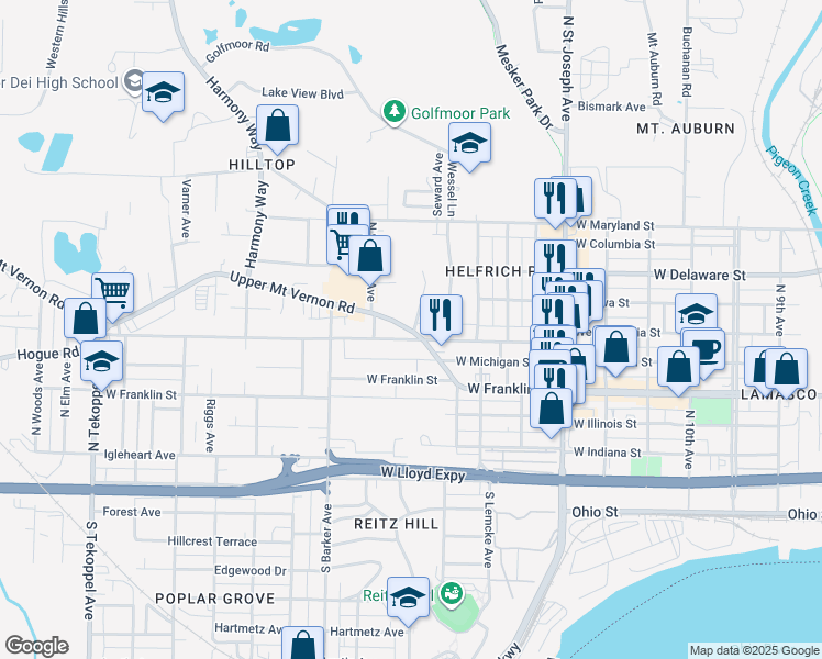 map of restaurants, bars, coffee shops, grocery stores, and more near 517 Helfrich Lane in Evansville