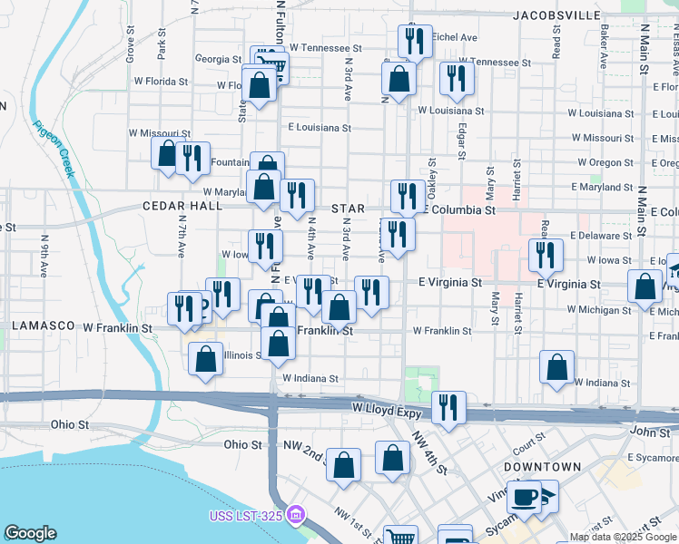 map of restaurants, bars, coffee shops, grocery stores, and more near 506 North 3rd Avenue in Evansville