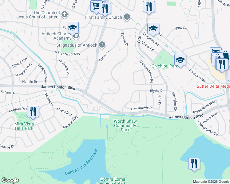 map of restaurants, bars, coffee shops, grocery stores, and more near 3513 Dameron Place in Antioch