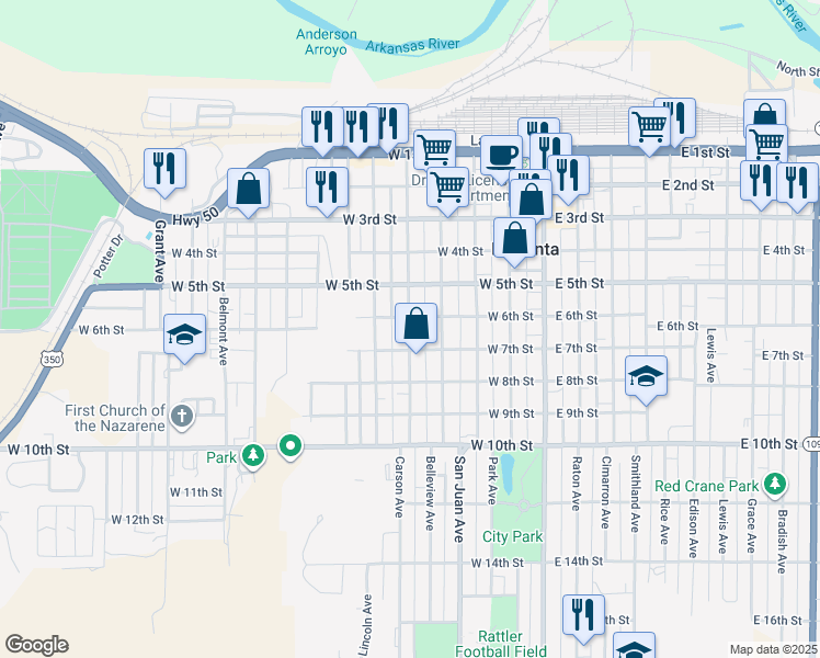 map of restaurants, bars, coffee shops, grocery stores, and more near 619 Carson Avenue in La Junta