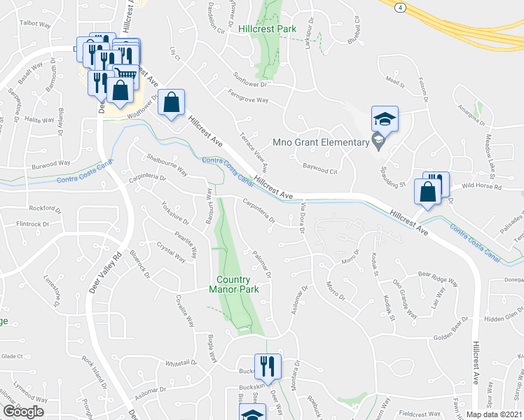 map of restaurants, bars, coffee shops, grocery stores, and more near 2634 Carpinteria Drive in Antioch