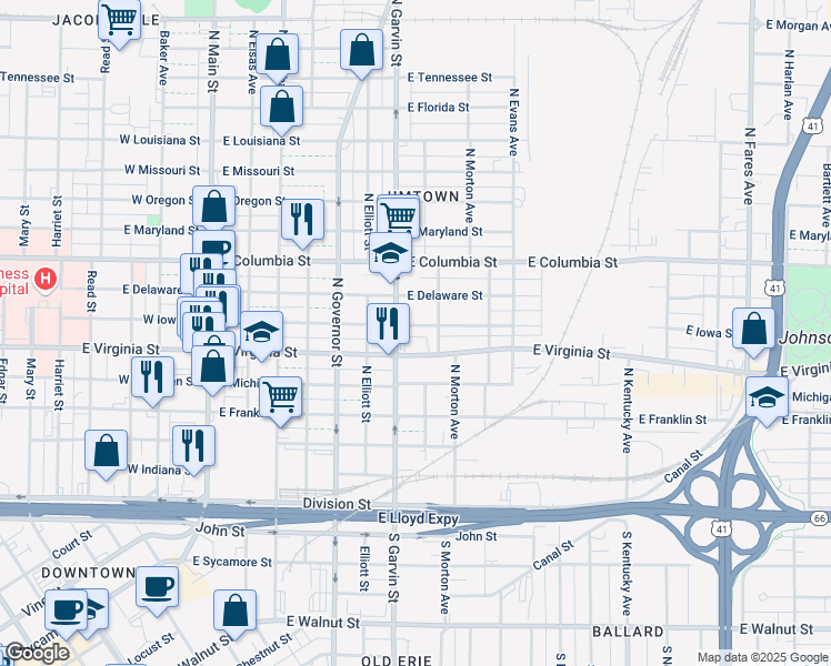 map of restaurants, bars, coffee shops, grocery stores, and more near 607 East Iowa Street in Evansville