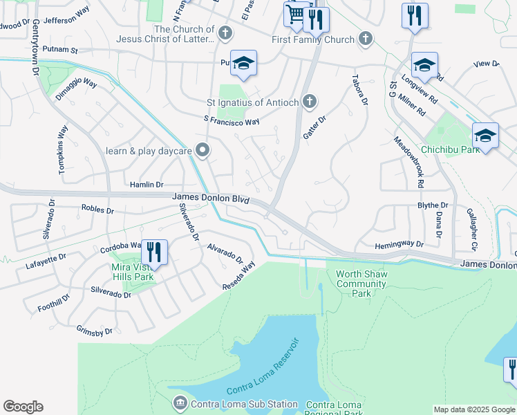 map of restaurants, bars, coffee shops, grocery stores, and more near 1113 James Donlon Boulevard in Antioch